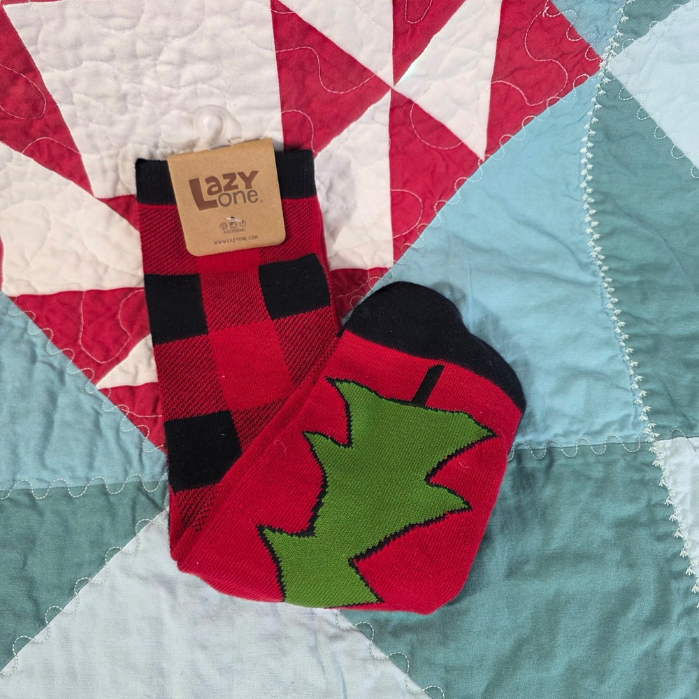 Lazy One Plaid Sock Womens 5-10 Red Buffalo Check Christmas Tree